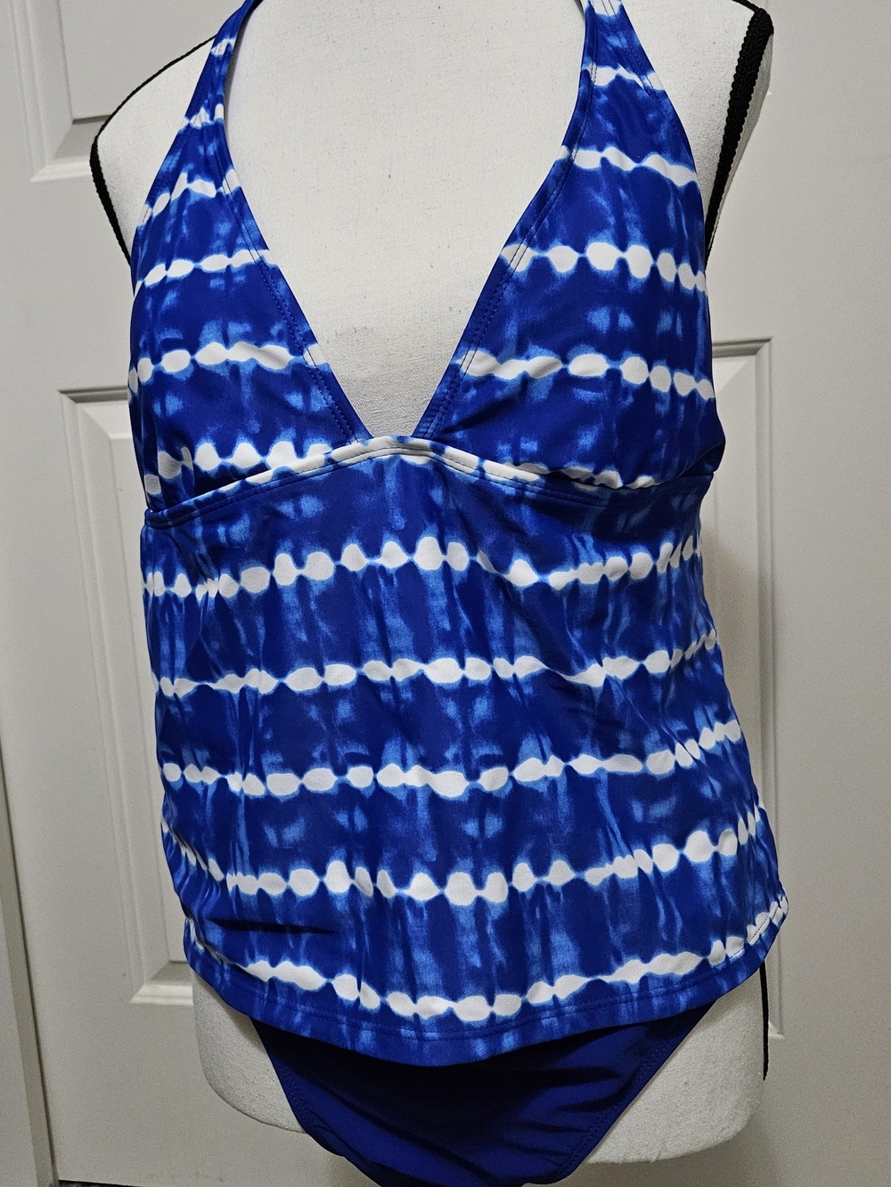 Faded Glory Blue & White Tie-Dye Halter Tankini Top